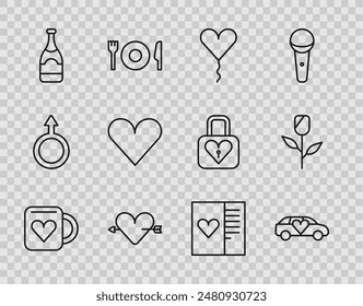 Set line Coffee cup and heart, Limousine car, Balloon form, Amour with arrow, Champagne bottle, Heart, Postcard and Flower rose icon. Vector