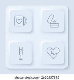Set line Coffee cup and heart, Wedding rings, Glass champagne and Broken or divorce. White square button. Vector