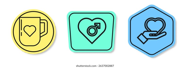 Set line Coffee cup and heart, Heart with male gender and Heart on hand. Colored shapes. Vector