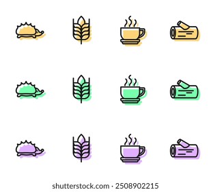 Set line Coffee cup, Hedgehog, Wheat and Wooden log icon. Vector