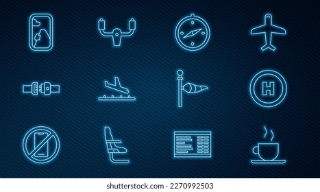 Set line Coffee cup, Helicopter landing pad, Compass, Plane, Safety belt, Airplane window, Cone meteorology windsock vane and Aircraft steering helm icon. Vector