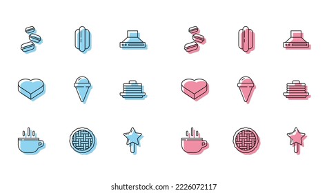 Set line Coffee cup, Homemade pie, Macaron cookie, Lollipop, Ice cream in waffle cone, Stack pancakes, Candy heart shaped box and Hotdog sandwich icon. Vector