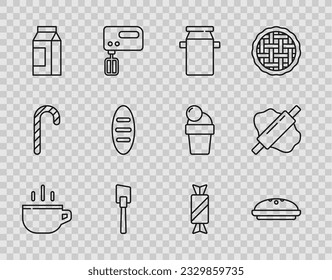 Set line Coffee cup, Homemade pie, Can container for milk, Spatula, Paper package, Bread loaf, Candy and Rolling pin dough icon. Vector