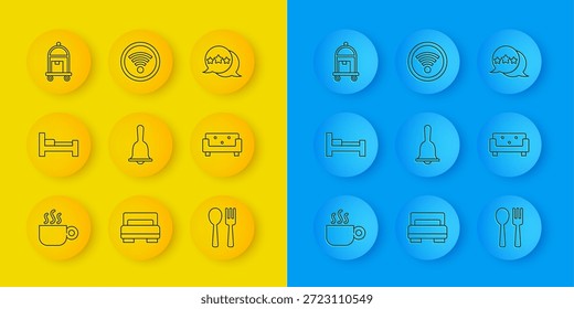 Set line Taza de café, cama de la habitación del hotel, campana de servicio, tenedor y cuchara, sofá, maleta, revisión de calificación de cinco estrellas e icono inalámbrico Wi-Fi. Vector