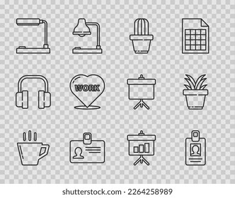 Set line Coffee cup, Identification badge, Cactus and succulent in pot, Table lamp, Heart with text work, Chalkboard diagram and Plant icon. Vector