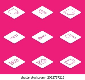 Fijar línea Coffee cup, Kitchen colander, Oven glove, Knife, whisk, turk, Blender y Grater icono. Vector