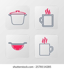 Set line Coffee cup, Kitchen colander,  and Cooking pot icon. Vector