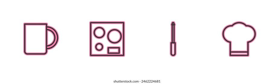 Set line Coffee cup, Knife sharpener, Electric stove and Chef hat icon. Vector