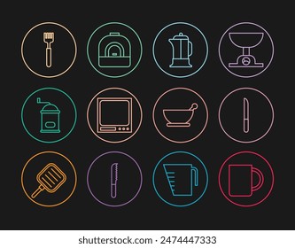 Set line Coffee cup, Knife, French press, Electronic scales, Manual coffee grinder, Fork, Mortar and pestle and Oven icon. Vector