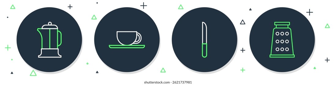 Set line Taza de café, cuchillo, prensa francesa e icono de rallador. Vector