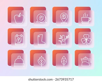 Set Linie Kaffeetasse, Blatt, Bare Tree, Wasserdichte Gummistiefel, Lage mit Blatt, Apfel und Symbol. Vektorgrafik
