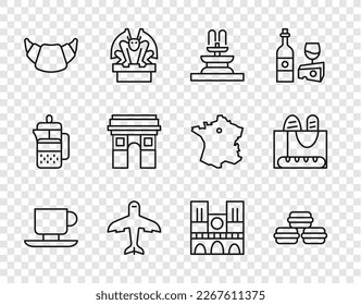 Set line Coffee cup, Macaron cookie, Fountain, Plane, Croissant, Triumphal Arch, Notre Dame and French baguette bread icon. Vector