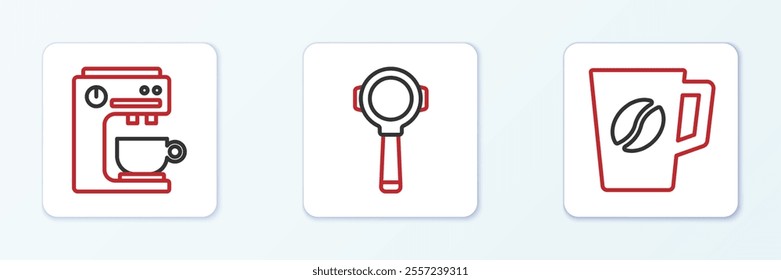 Set line Coffee cup, machine and filter holder icon. Vector