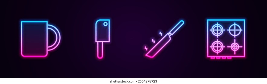 Set line Coffee cup, Meat chopper, Frying pan and Gas stove. Glowing neon icon. Vector