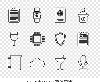Set line Coffee cup, Microphone, Passport, Cloud, Clipboard with document, Processor CPU, Martini glass and resume icon. Vector