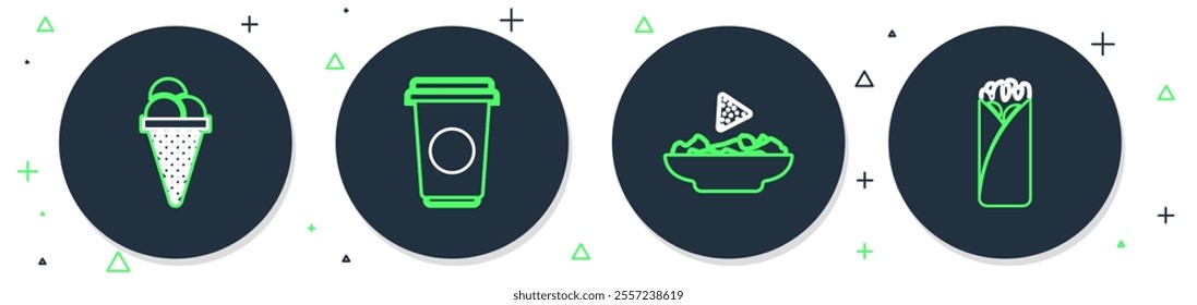 Set line Coffee cup, Nachos in plate, Ice cream waffle cone and Burrito icon. Vector