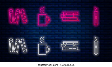 Set line Coffee cup, Office folders with papers and documents, Paper clip and Stationery knife. Glowing neon icon on brick wall. Vector