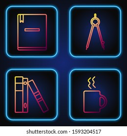 Set line Coffee cup, Office folders with papers and documents, Notebook and Drawing compass. Gradient color icons. Vector