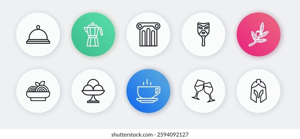 Set line Coffee cup, Olives branch, Pasta spaghetti, Wine glass, Carnival mask, Ancient column, Roman army helmet and Ice cream the bowl icon. Vector