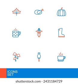 Set line Coffee cup, Opium poppy, Mushroom, Waterproof rubber boot, Cup tea, Corn, Pumpkin and Roasted turkey chicken icon. Vector