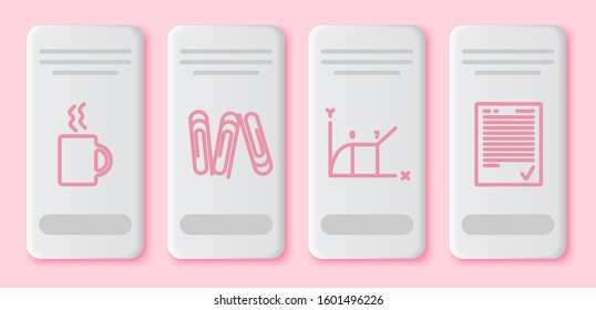 Set line Coffee cup, Paper clip, Pie chart infographic and Exam sheet with check mark. White rectangle button. Vector