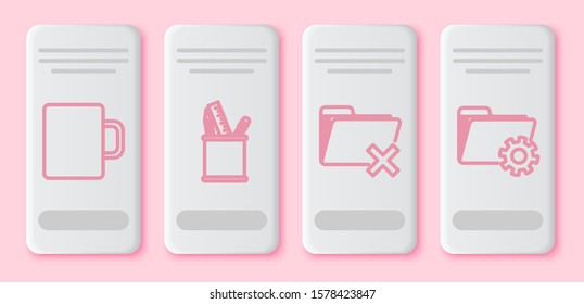 Set line Coffee cup, Pencil case stationery, Delete folder and Folder settings with gears. White rectangle button. Vector