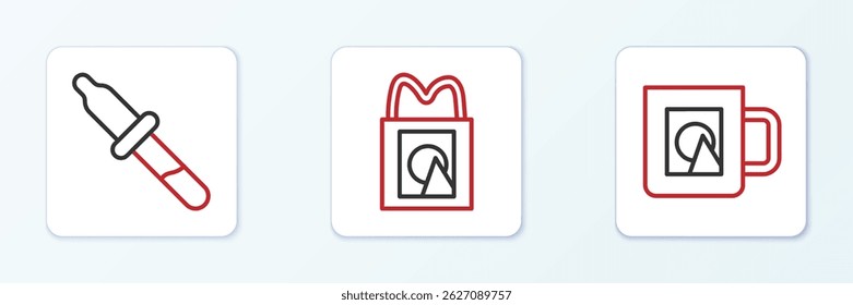Set line Coffee cup, Pipette and Paper shopping bag icon. Vector