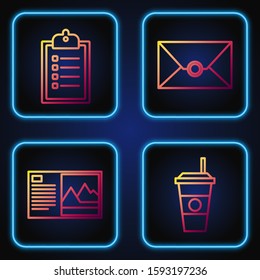 Set line Coffee cup , Postcard , Verification of delivery list clipboard  and Envelope . Gradient color icons. Vector