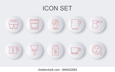 Set line Coffee cup, pot, Location with coffee bean, to go, machine, V60 maker and Bag beans icon. Vector