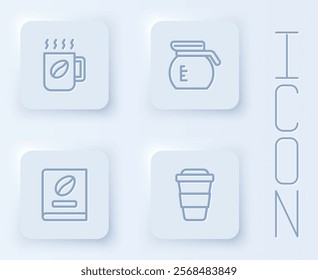 Set line Coffee cup, pot, book and to go. White square button. Vector
