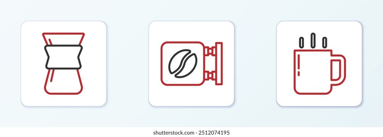 Set line Coffee cup, Pour over coffee maker and Street signboard icon. Vector