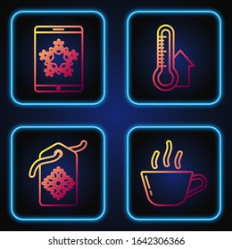 Set line Coffee cup, Price tag with an inscription Sale, Christmas on smartphone and snowflake and Meteorology thermometer measuring. Gradient color icons. Vector