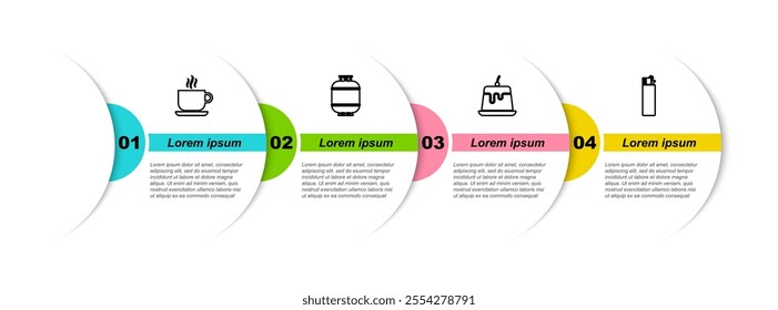 Set line Coffee cup, Propane gas tank, Pudding custard and Lighter. Business infographic template. Vector