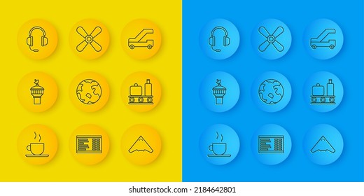 Set line Coffee cup, Radar, Worldwide, Jet fighter, Airport conveyor belt with suitcase, Headphones microphone, Passenger ladder for plane boarding and Plane propeller icon. Vector