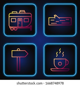 Set line Coffee cup, Road traffic signpost, Rv Camping trailer and Wooden log. Gradient color icons. Vector