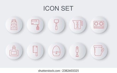 Set line Coffee cup, Sauce bottle, Kitchen hammer, Blender, Grater, Electric mixer, Meat chopper and timer icon. Vector
