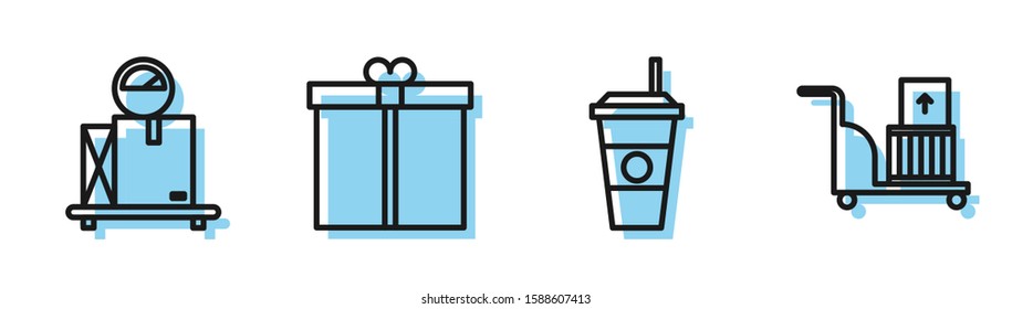 Set line Coffee cup , Scale with cardboard box , Gift box  and Electric hand truck and boxes  icon. Vector