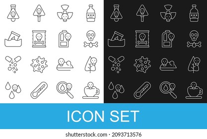 Set line Coffee cup with skull, Poison flower, Bones and, Radioactive, waste in barrel, Bottle potion and Beaker toxic liquid icon. Vector