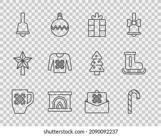 Set line Coffee cup with snowflake, Christmas candy cane, Gift box, Interior fireplace, Merry ringing bell, sweater, postcard and Figure skates icon. Vector