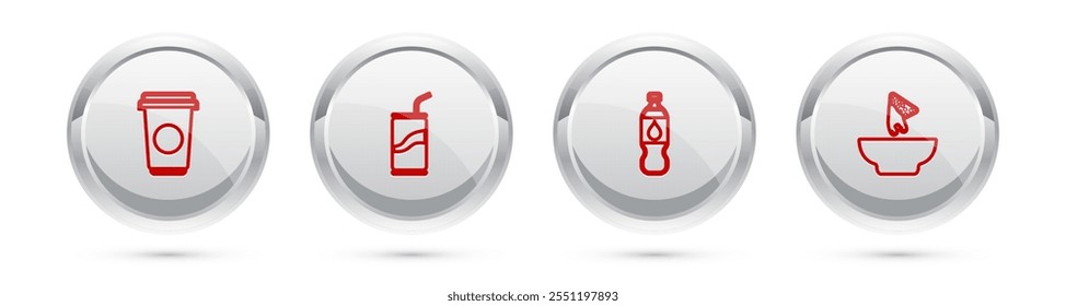 Set line Coffee cup, Soda can with drinking straw, Bottle water and Nachos plate. Silver circle button. Vector