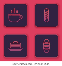 Set line Coffee cup, Stack pancakes, French baguette bread and Bread loaf. Blue square button. Vector