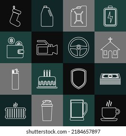 Fijar la línea Copa del Café, Pila dinero de papel en efectivo, Edificio de la Iglesia, Cartel para gasolina, Cámara de cine, Cartera con moneda, calcetín de Navidad e icono de la rueda de dirección. Vector