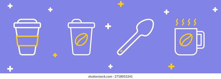 Fije la taza de café de la línea, cucharadita, para ir y el icono. Vector
