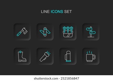 Set línea taza de café, contenedor Thermos, linterna, bota de goma impermeable, señal de tráfico de carretera, carcaj con flechas, cuchillo suizo y icono de hacha de madera. Vector