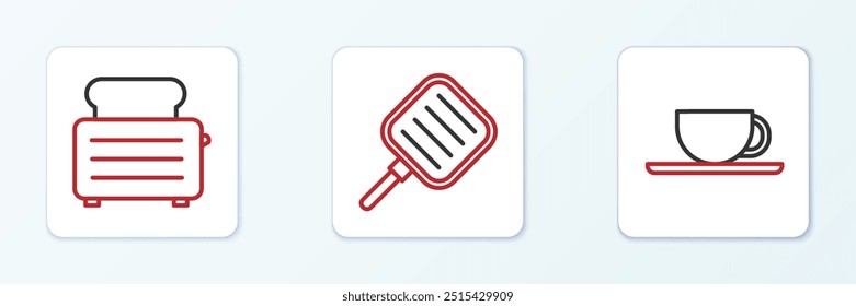 Set line Coffee cup, Toaster with toasts and Frying pan icon. Vector