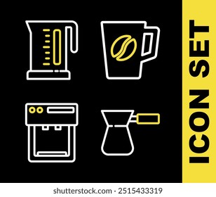 Set line Xícara de café, turco, máquina e ícone da chaleira elétrica. Vetor