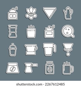 Set line Coffee cup, V60 coffee maker, paper filter, Pour over, Manual grinder and  icon. Vector