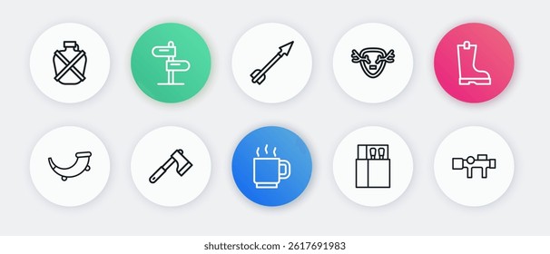 Set line Coffee cup, Waterproof rubber boot, Hunting horn, Open matchbox and matches, Deer antlers on shield, Medieval arrow, Sniper optical sight and Wooden axe icon. Vector