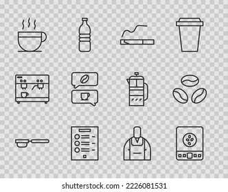 Set-line Kaffeefilter Halter, elektronische Kaffeeskala, Zigarette, Menü, Tasse und Konversation, Barista und Bohnen Symbol. Vektorgrafik