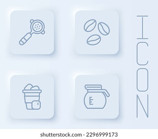 Set line Coffee filter holder, beans, Iced coffee and pot. White square button. Vector